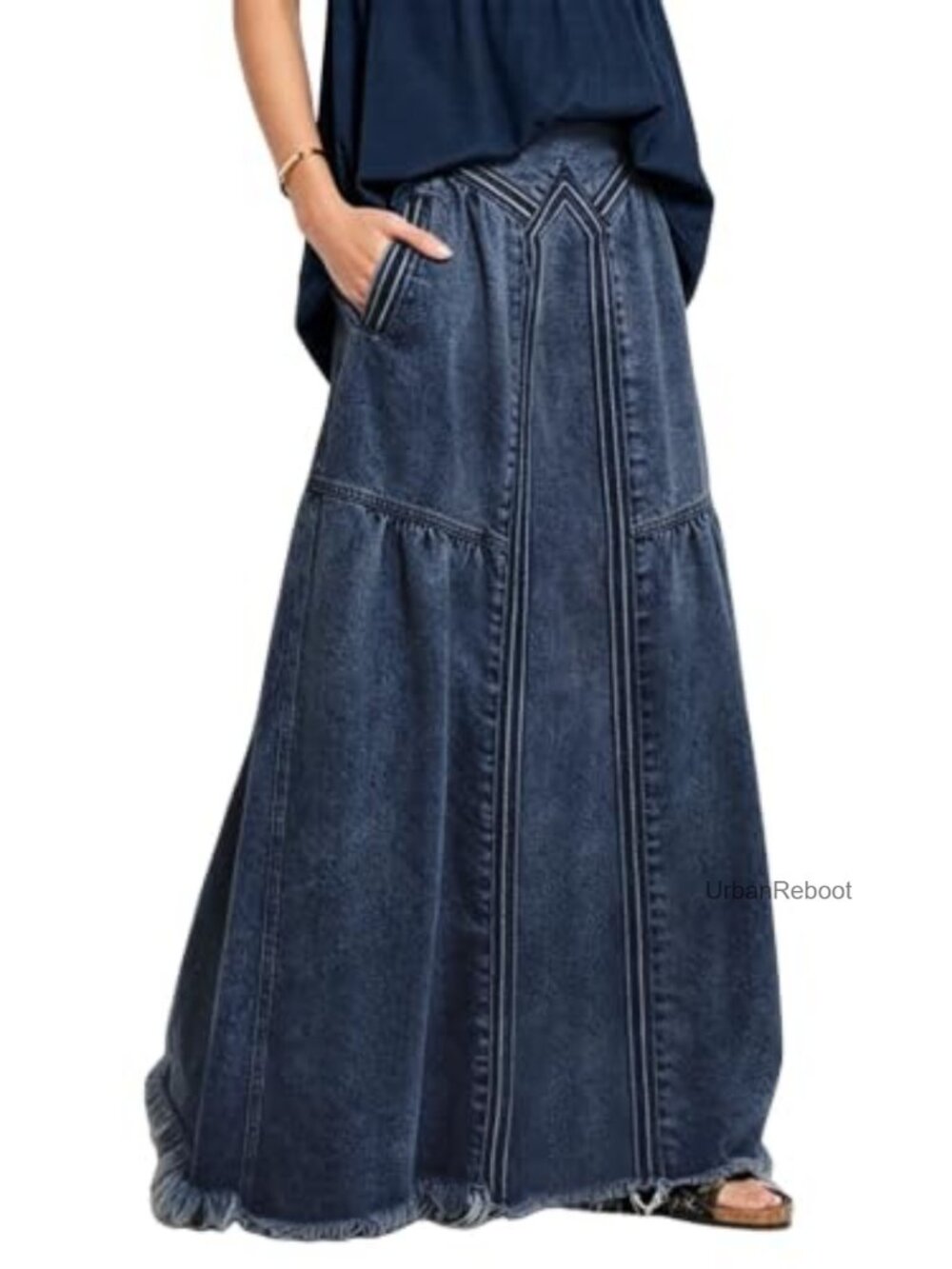 High Waist A-Line Frayed Maxi Denim Skirt with Pockets